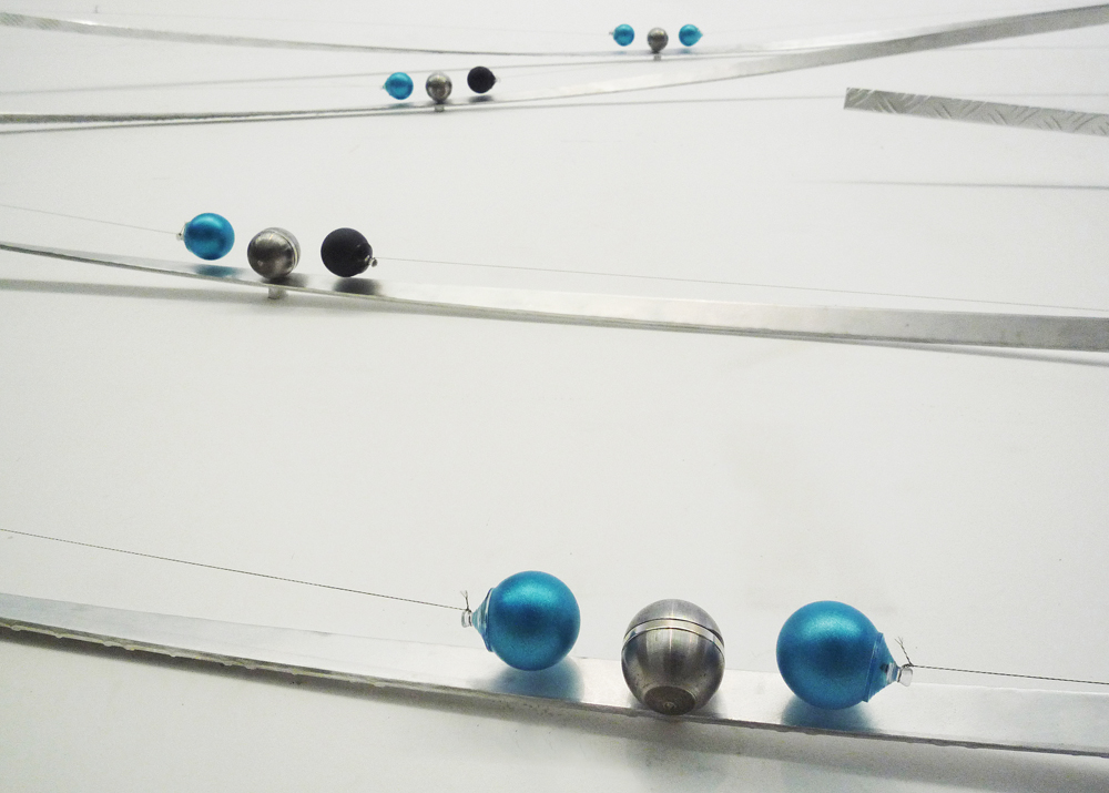  [Almond aluminium, colored ping-pong balls, wire, neodymium magnets, 600x215x25 cm] 