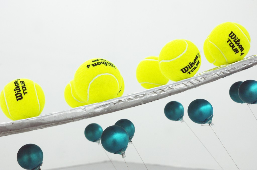 [Almond aluminium, colored ping-pong balls, wire, neodimium magnets, suckers, 270x90x70 cm]